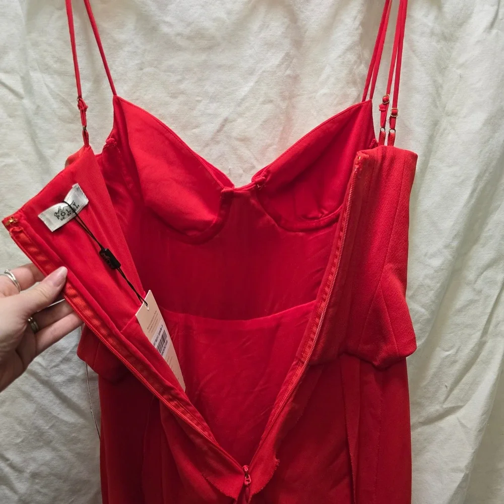 NWT OH POLLY Scarlet Red Ruffle High Slit Corset Maxi Dress‎ US 4